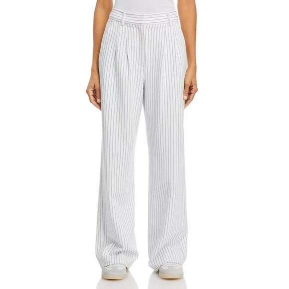 FRENCH CONNECTION Women's Whisper Pinstripe Pleated Wide Leg Pants White Navy 2 - Picture 2 of 16
